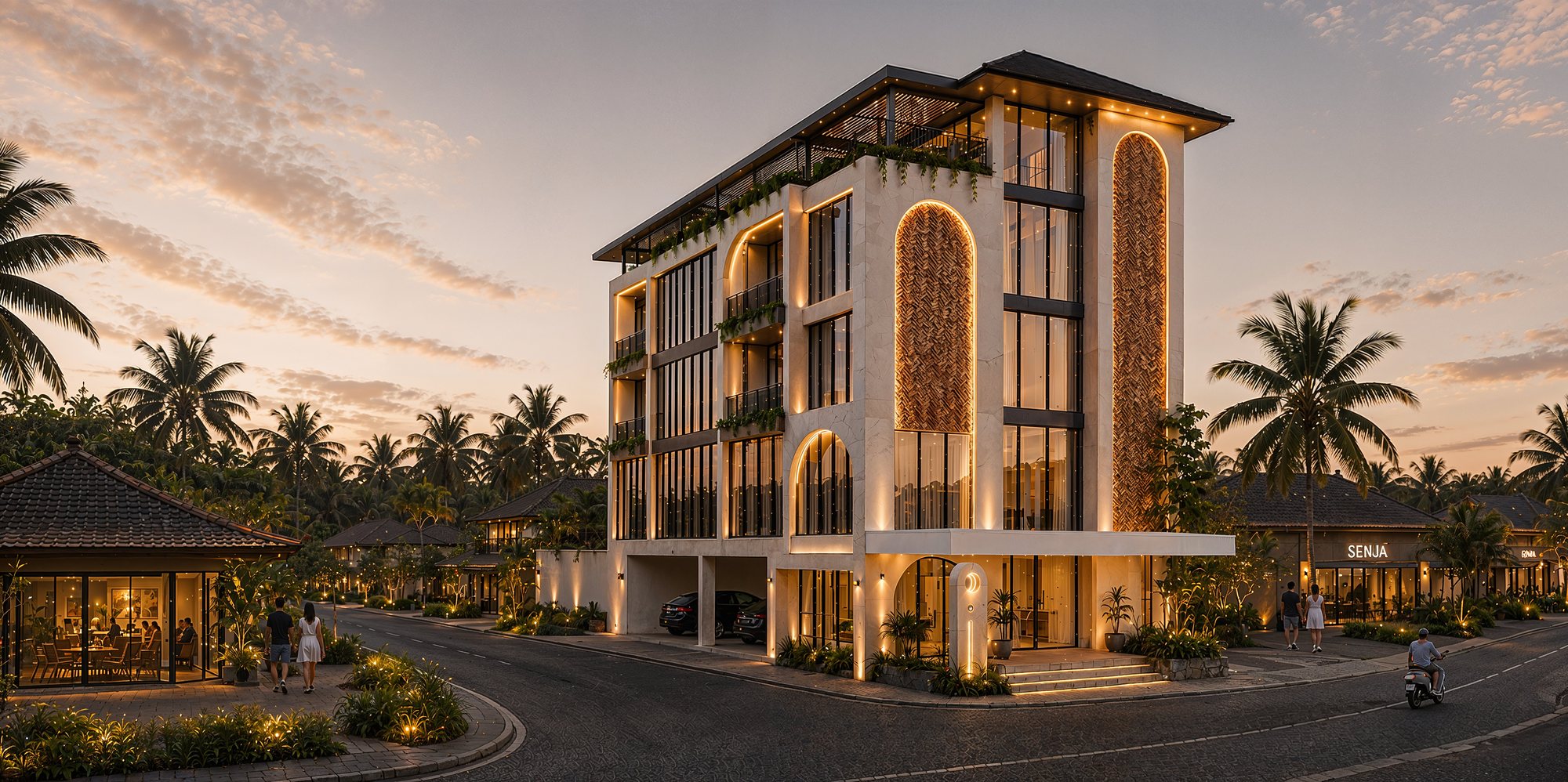 Property Name · apartment building at dusk